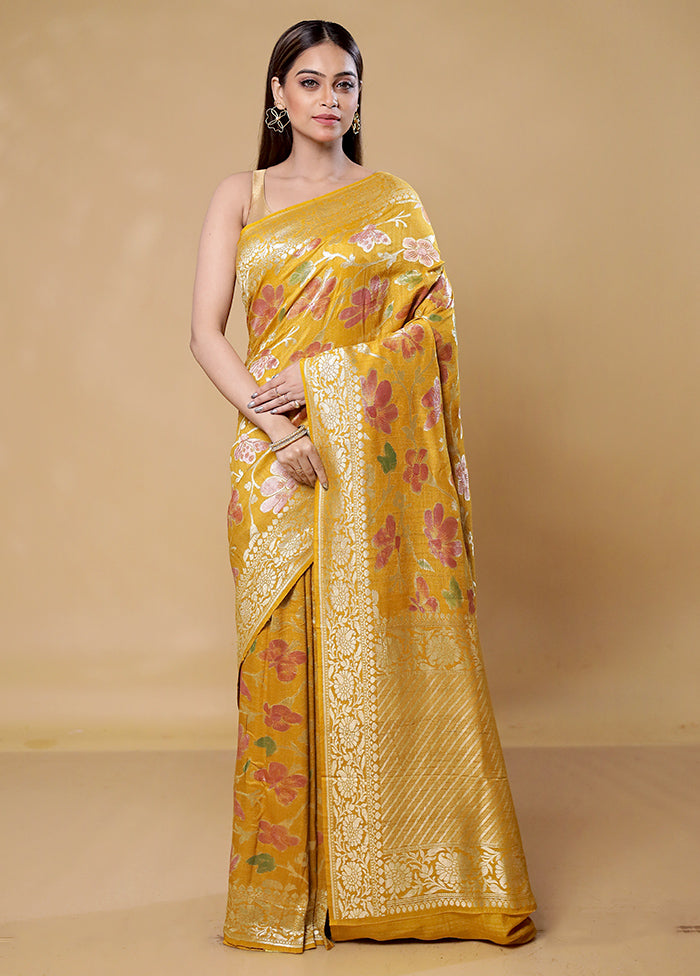 Yellow Handloom Tussar Pure Silk Saree With Blouse Piece