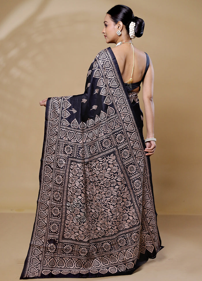 Black Handloom Kantha Stitch Pure Silk Saree With Blouse Piece