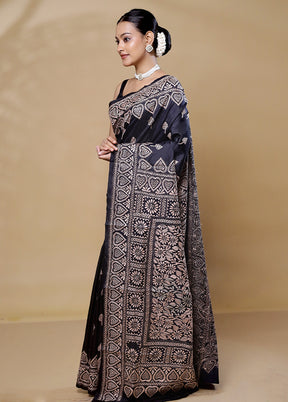 Black Handloom Kantha Stitch Pure Silk Saree With Blouse Piece