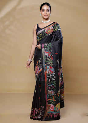 Black Handloom Kantha Stitch Pure Silk Saree With Blouse Piece