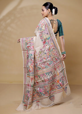 Cream Handloom Kantha Stitch Pure Silk Saree With Blouse Piece