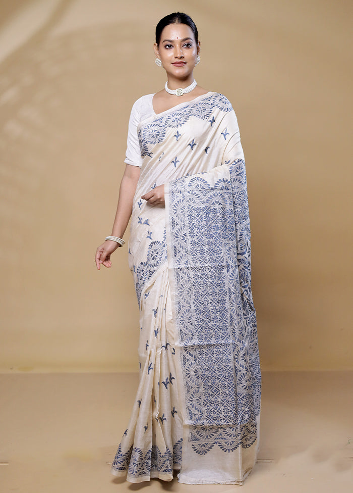 Cream Handloom Kantha Stitch Pure Silk Saree With Blouse Piece