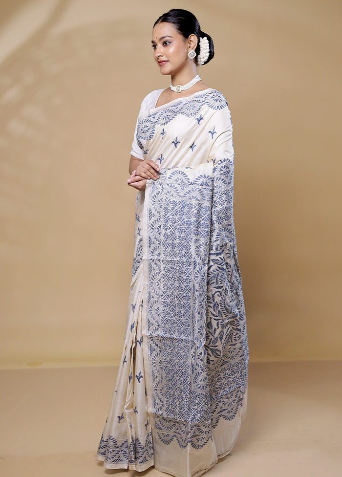 Cream Handloom Kantha Stitch Pure Silk Saree With Blouse Piece