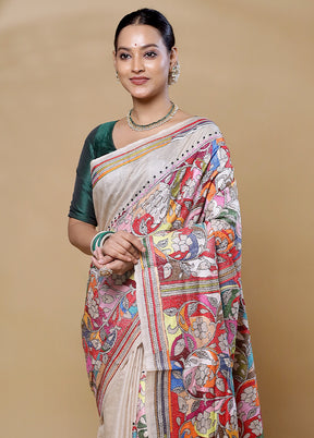 Cream Handloom Kantha Stitch Pure Silk Saree With Blouse Piece