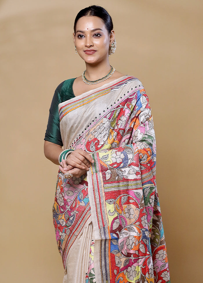 Cream Handloom Kantha Stitch Pure Silk Saree With Blouse Piece