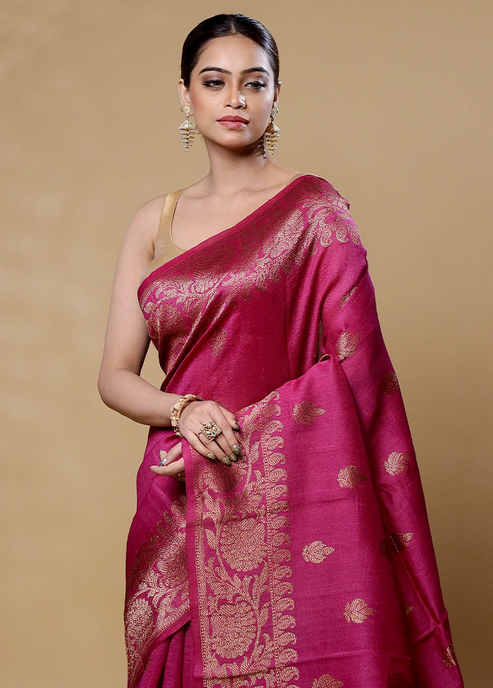 Maroon Handloom Tussar Pure Silk Saree With Blouse Piece