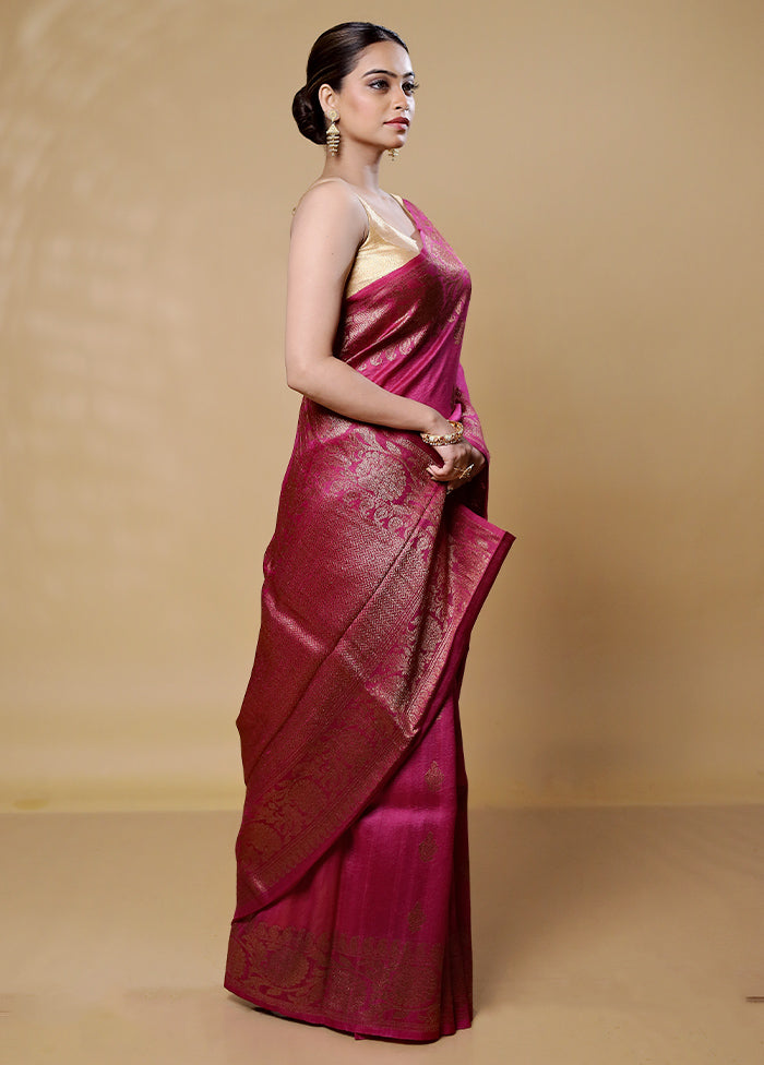 Maroon Handloom Tussar Pure Silk Saree With Blouse Piece