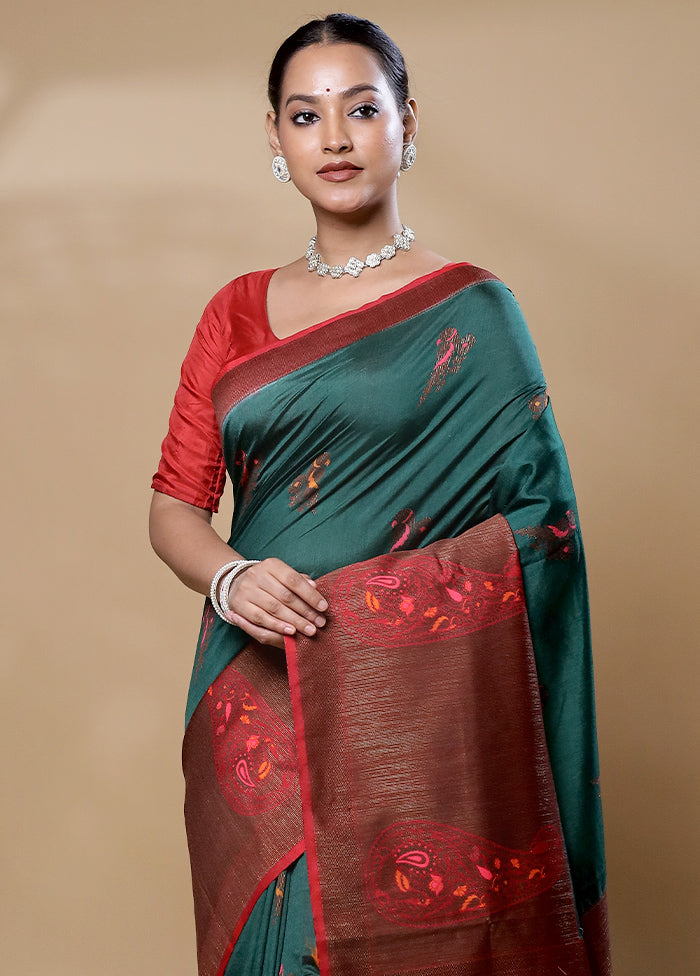 Green Dupion Silk Saree With Blouse Piece