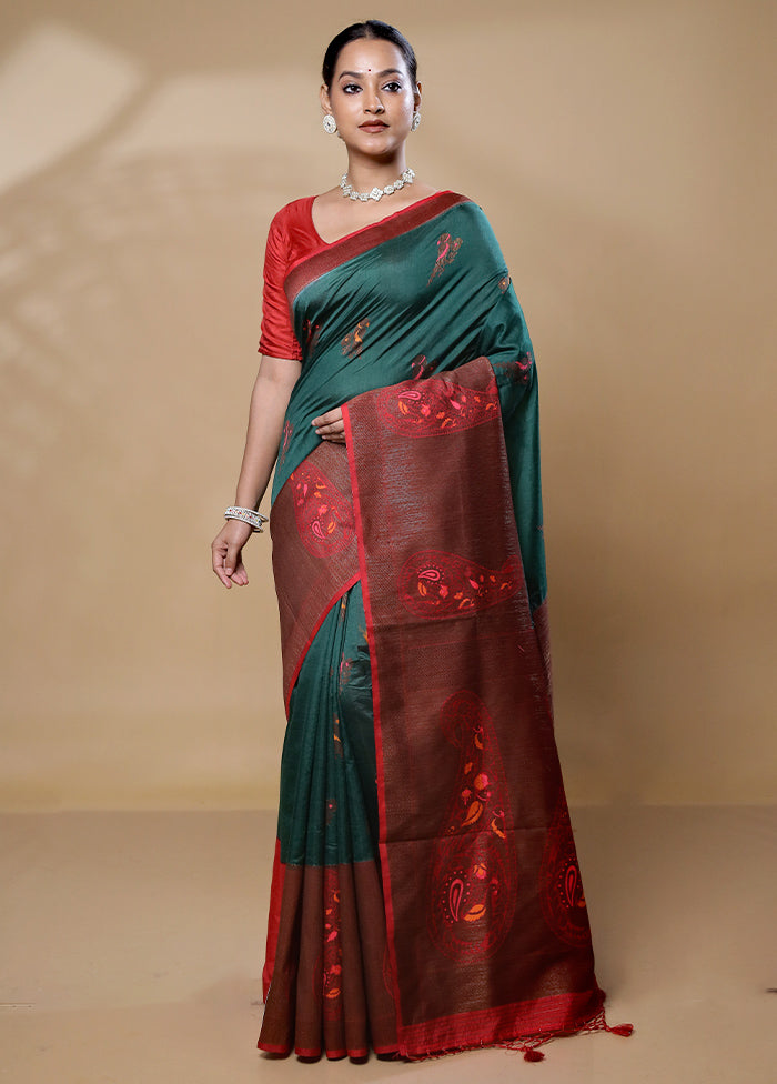 Green Dupion Silk Saree With Blouse Piece