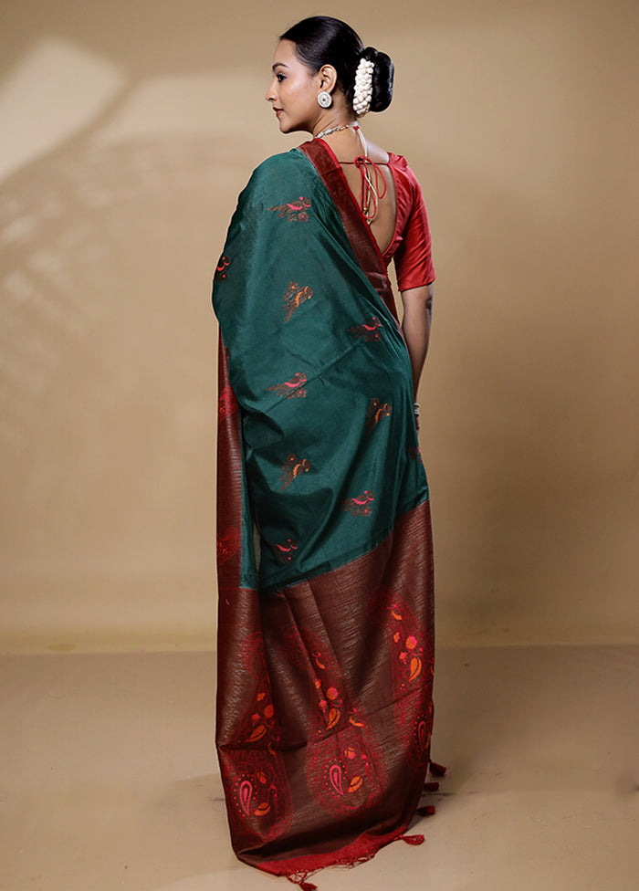 Green Dupion Silk Saree With Blouse Piece