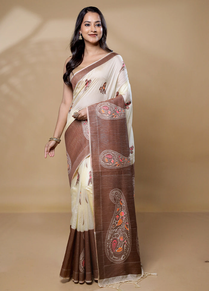 Cream Dupion Silk Saree With Blouse Piece