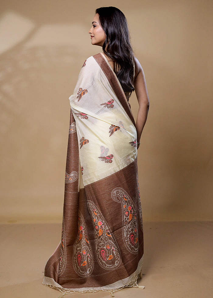 Cream Dupion Silk Saree With Blouse Piece