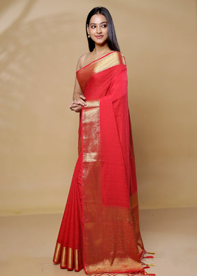 Red Dupion Silk Saree With Blouse Piece