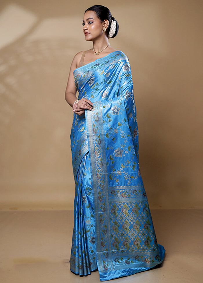 Blue Dupion Silk Saree With Blouse Piece