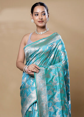 Blue Handloom Katan Pure Silk Saree With Blouse Piece