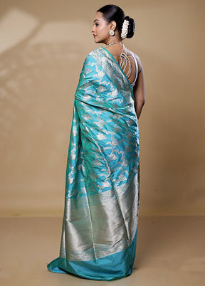 Blue Handloom Katan Pure Silk Saree With Blouse Piece