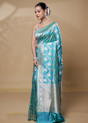 Blue Handloom Katan Pure Silk Saree With Blouse Piece