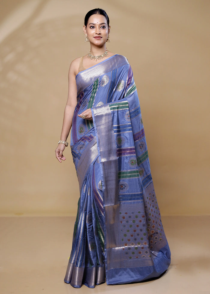 Blue Dupion Silk Saree With Blouse Piece