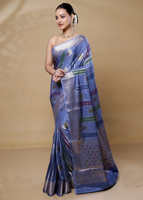 Blue Dupion Silk Saree With Blouse Piece