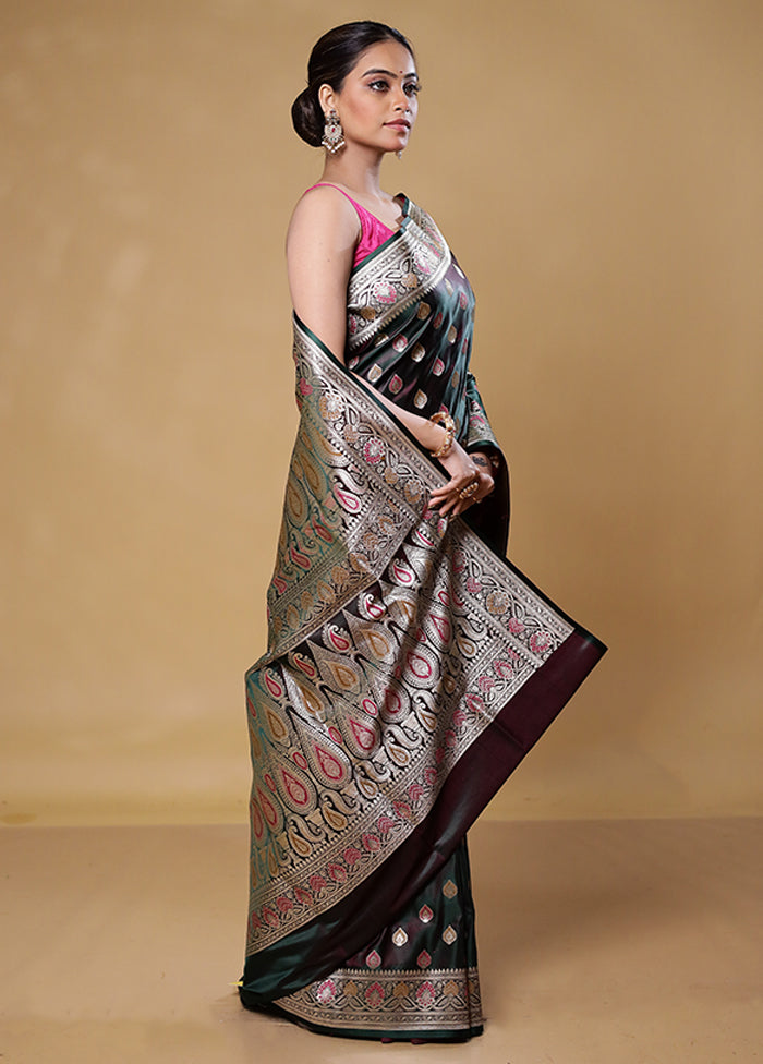 Wine Handloom Banarasi Pure Silk Saree With Blouse Piece