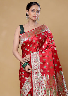 Red Handloom Banarasi Pure Silk Saree With Blouse Piece