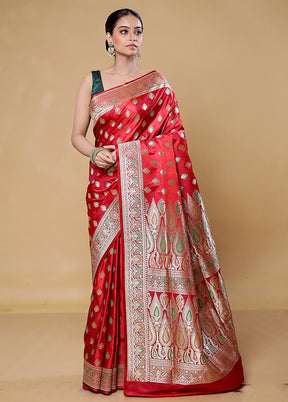 Red Handloom Banarasi Pure Silk Saree With Blouse Piece