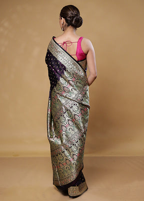 Wine Handloom Banarasi Pure Silk Saree With Blouse Piece