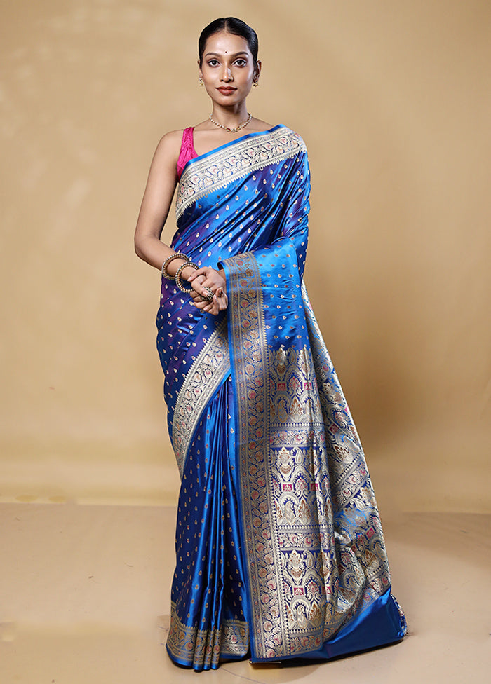 Blue Handloom Banarasi Pure Silk Saree With Blouse Piece