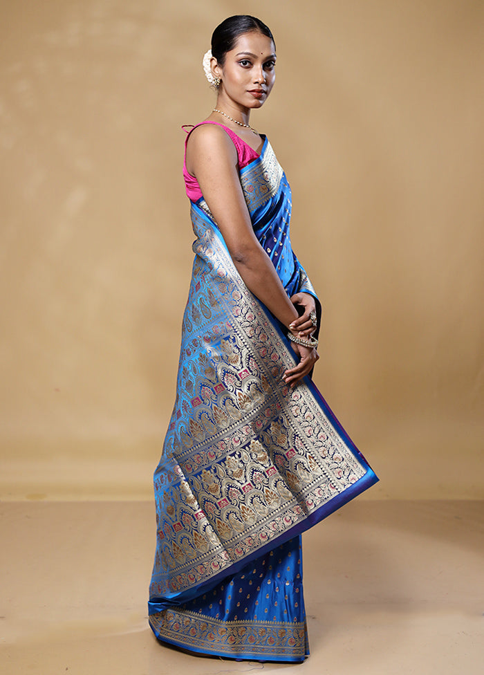 Blue Handloom Banarasi Pure Silk Saree With Blouse Piece