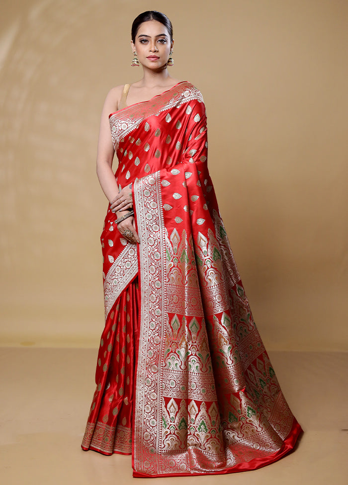 Red Handloom Banarasi Pure Silk Saree With Blouse Piece