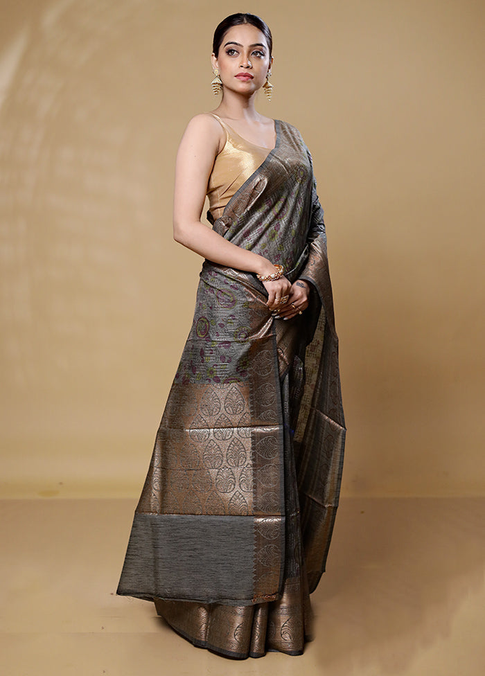 Grey Tussar Silk Saree With Blouse Piece