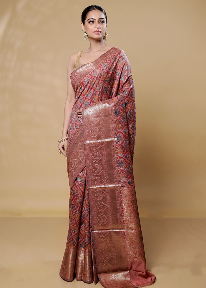 Maroon Tussar Silk Saree With Blouse Piece