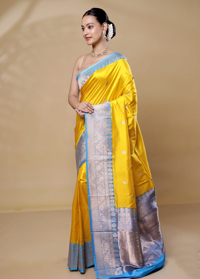 Yellow Handloom Katan Pure Silk Saree With Blouse Piece