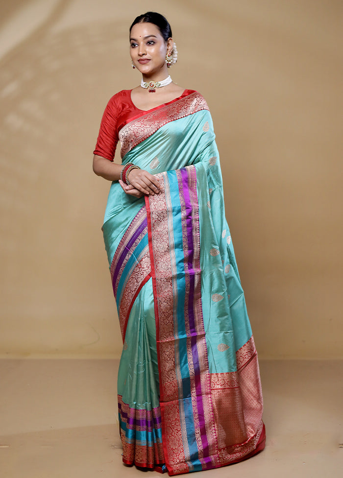 Blue Handloom Katan Pure Silk Saree With Blouse Piece