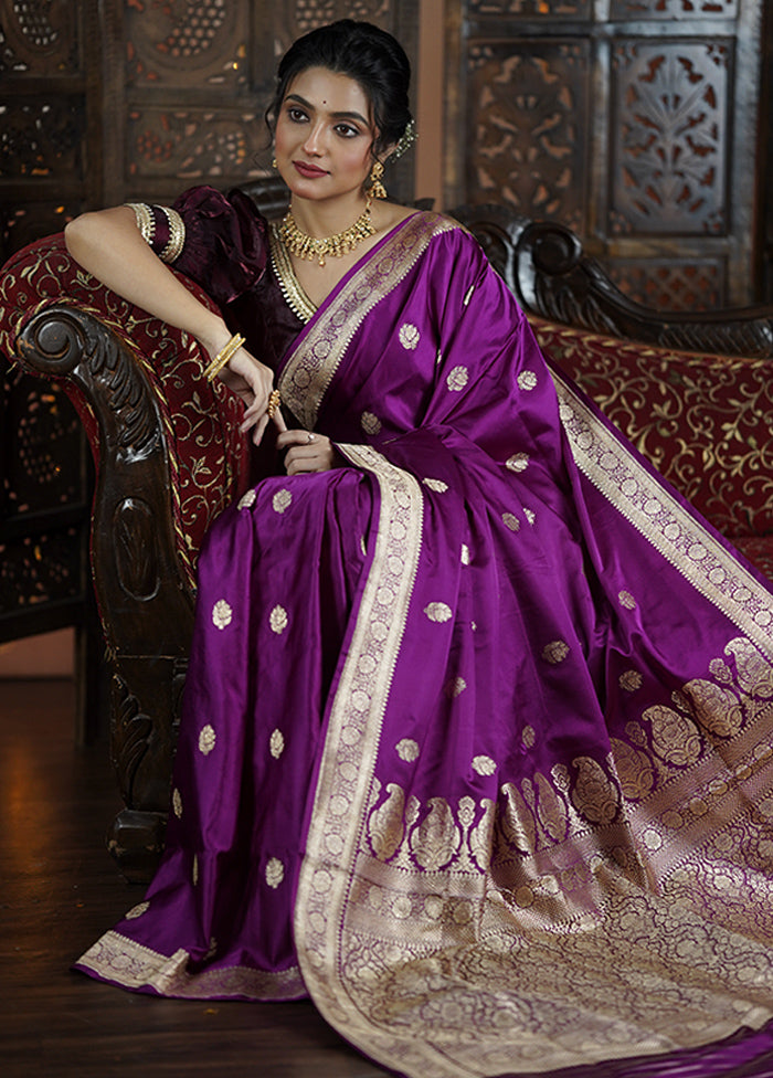 Purple Handloom Katan Pure Silk Saree With Blouse Piece