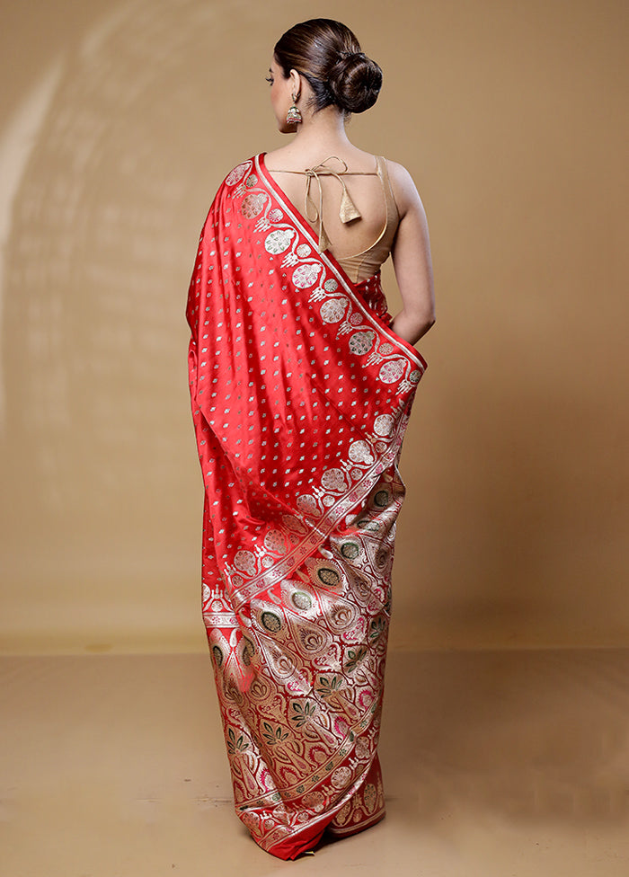 Red Handloom Banarasi Pure Silk Saree With Blouse Piece