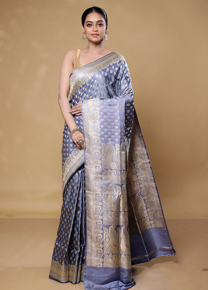 Grey Handloom Banarasi Pure Silk Saree With Blouse Piece