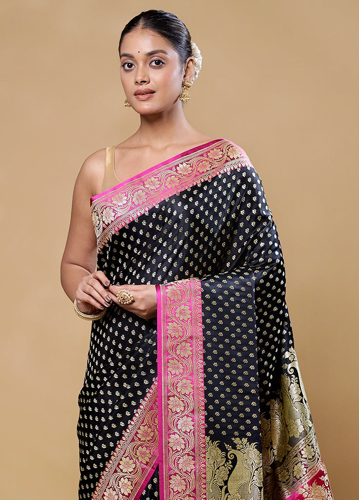 Black Handloom Banarasi Pure Silk Saree With Blouse Piece