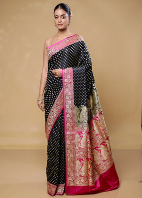 Black Handloom Banarasi Pure Silk Saree With Blouse Piece