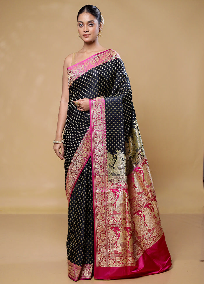 Black Handloom Banarasi Pure Silk Saree With Blouse Piece