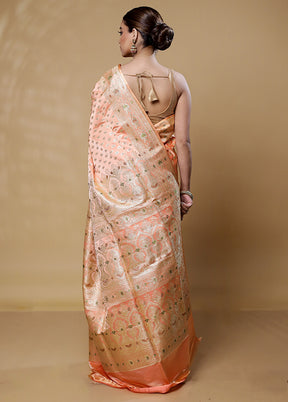 Peach Handloom Banarasi Pure Silk Saree With Blouse Piece