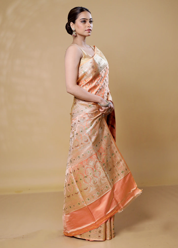 Peach Handloom Banarasi Pure Silk Saree With Blouse Piece