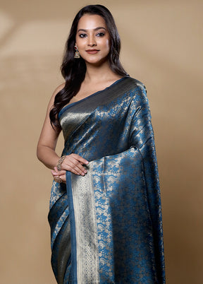 Blue Dupion Silk Saree With Blouse Piece