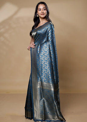 Blue Dupion Silk Saree With Blouse Piece