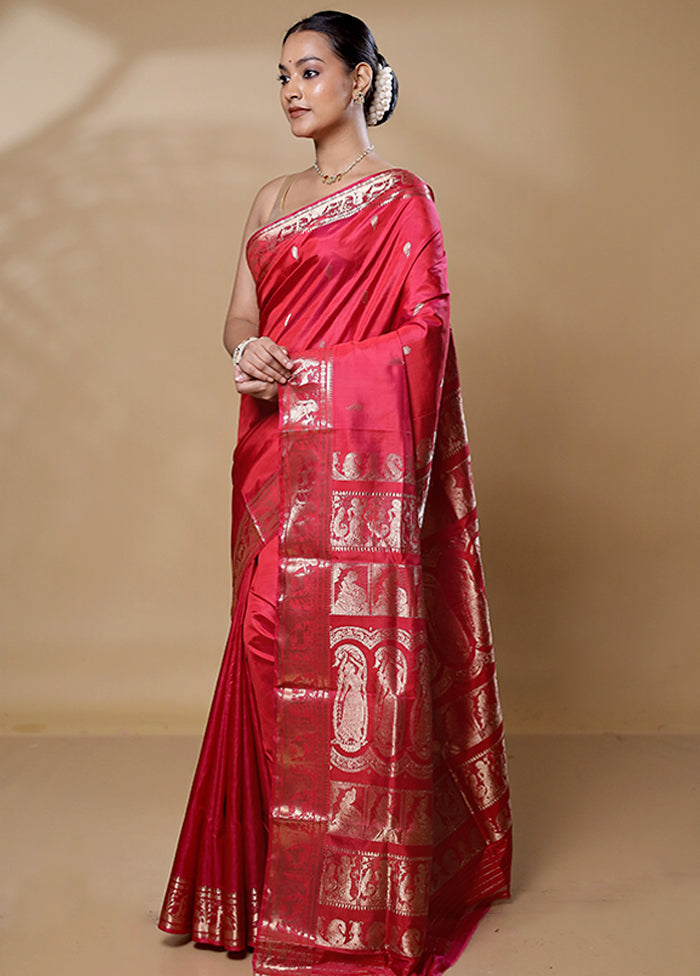 Red Handloom Baluchari Pure Silk Saree With Blouse Piece