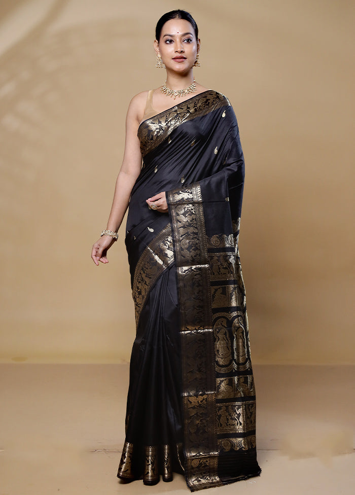 Black Handloom Baluchari Pure Silk Saree With Blouse Piece