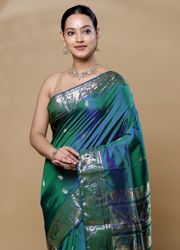 Green Handloom Baluchari Pure Silk Saree With Blouse Piece