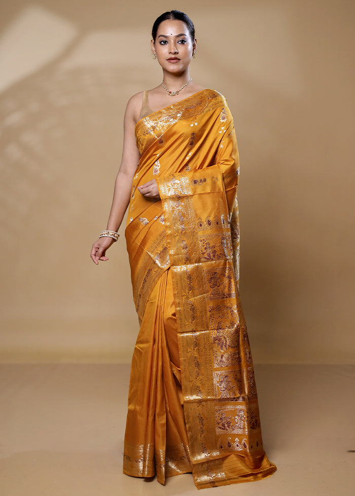 Yellow Handloom Baluchari Pure Silk Saree With Blouse Piece