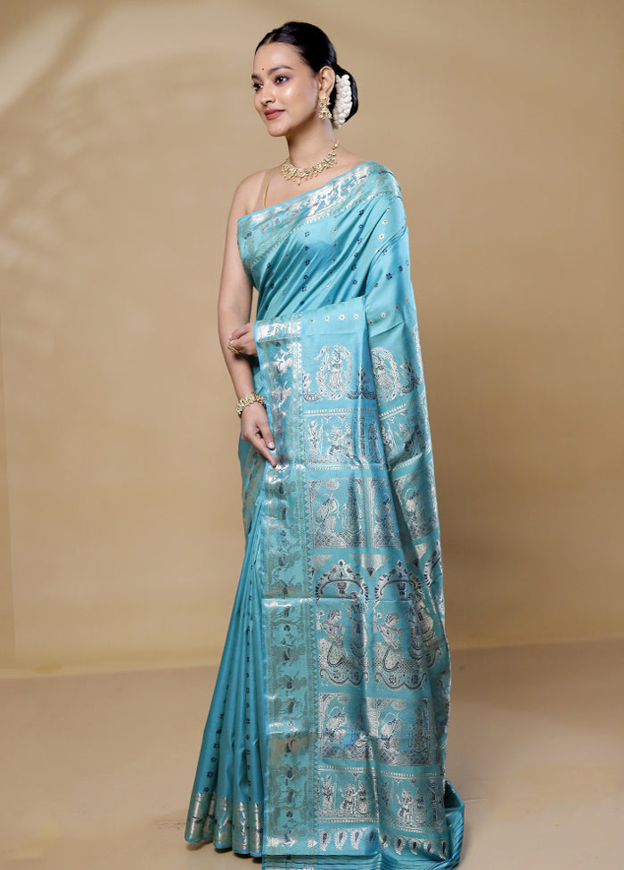 Blue Handloom Baluchari Pure Silk Saree With Blouse Piece