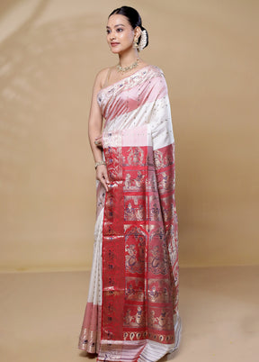 White Handloom Baluchari Pure Silk Saree With Blouse Piece